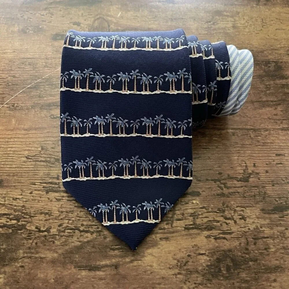 Tommy Bahama Mens Tie Navy Blue Palm Tree Beach Stripe Silk USA Made Necktie